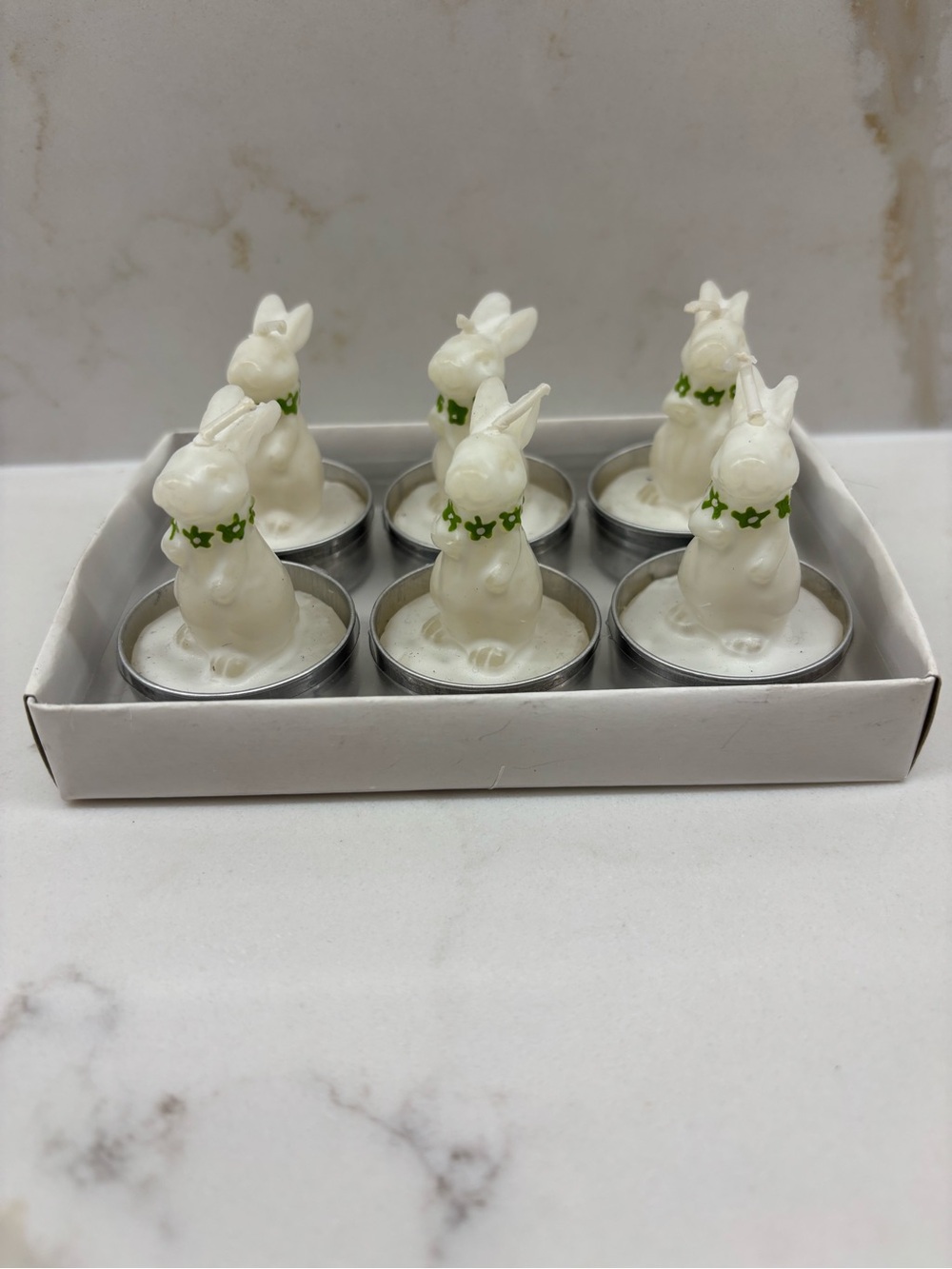 New Abbott White Bunny Tea Light Candles with Green Flower Collars - Set of 6